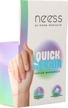 Białe pudełko Neess Quick Repair Set do paznokci, z kolorowym napisem i grafiką dłoni, widok z przodu.