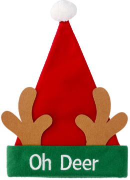 Czerwona czapka świąteczna z białym pomponem i filcowymi rogami renifera, zielony pasek z napisem Oh Deer, widok z przodu.