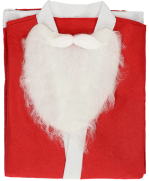 Czerwony pokrowiec na butelkę w kształcie stroju Świętego Mikołaja, z puszystą białą brodą i wąsami, widok z przodu.