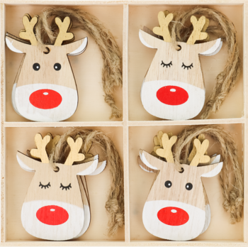 Drewniane zawieszki świąteczne renifery z czerwonym nosem, złotymi rogami i sznurkiem jutowym, w pudełku.
