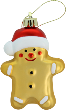 Złota błyszcząca bombka choinkowa w kształcie piernikowego ludzika, w czerwonej czapce Mikołaja z białym otokiem. Widok z przodu.