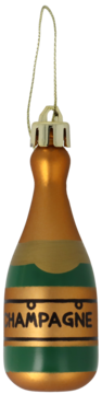 Złoto-zielona bombka choinkowa w kształcie butelki szampana z napisem 'CHAMPAGNE', widok z przodu, błyszcząca.