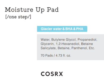 COSRX Moisture Up Pad: złuszczające płatki z wodą lodowcową, BHA, PHA. Biała etykieta z listą składników.