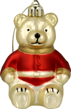 Błyszcząca złota ozdoba choinkowa, miś w czerwonym, świątecznym stroju ze złotymi detalami, widok frontalny.