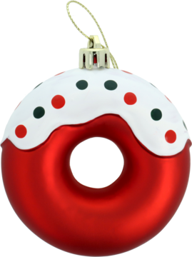 Czerwona, matowa bombka choinkowa w kształcie pączka, z białym, błyszczącym lukrem i kolorową posypką. Widok z przodu.