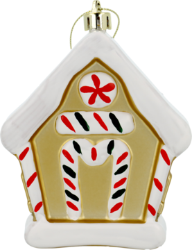 Złota bombka choinkowa domek z piernika, z białym lukrem, czerwono-czarnymi paskami, widok z przodu.