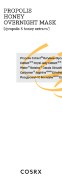 COSRX Propolis Honey Overnight Mask, etykieta z nazwą i składnikami, na białym tle z pomarańczowymi detalami.