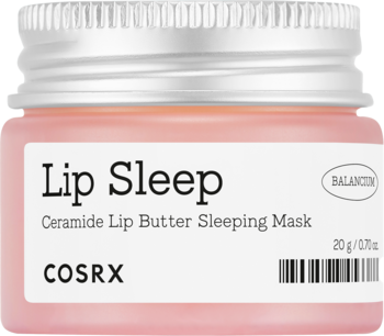 Maska do ust COSRX Lip Sleep Ceramide Butter w różowym słoiczku z metalową nakrętką, widok z przodu.