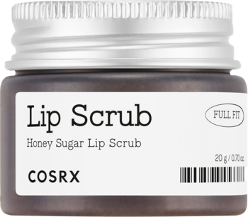 Cosrx Honey Sugar Lip Scrub 20g w niskim, brązowym słoiczku z metalową nakrętką i białą etykietą, widok z przodu.