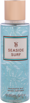 Victoria's Secret Seaside Surf mgiełka, błękitna butelka z liściastym wzorem, beżowa etykieta, widok przód.