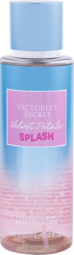 Victoria's Secret Velvet Petals Splash mgiełka jaśmin-cytryna, niebieska butelka z różową etykietą, widok z przodu.
