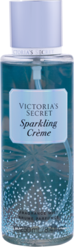Victoria's Secret Sparkling Crème Fragrance Mist, przezroczysta butelka z turkusowym, błyszczącym płynem, widok z przodu.