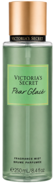Victoria's Secret Pear Glace mgiełka zapachowa 250ml, zielona butelka ze złotym korkiem i etykietą, widok z przodu.