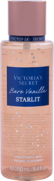 Victoria's Secret Bare Vanilla Starlit mgiełka 250ml, beżowa butelka z różowym korkiem, brokatem i etykietą, widok z przodu.