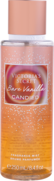 Victoria's Secret Bare Vanilla Candied mgiełka, brokatowa butelka 250ml z różowo-pomarańczowym gradientem, z przodu.