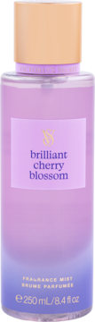 Mgiełka zapachowa Victoria's Secret Brilliant Cherry Blossom, fioletowa butelka z gradientem, złoty korek, widok frontalny.