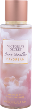 Victoria's Secret Bare Vanilla Daydream fragrance mist, 250ml, w przezroczystej butelce z różową nakrętką i chmurkowym wzorem, widok z przodu.