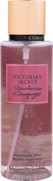 Victoria's Secret Strawberries & Champagne mgiełka, przezroczysta butelka z różowym płynem, złota nakrętka, widok z przodu.