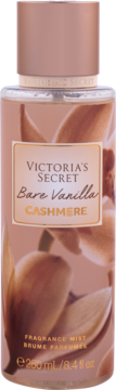 Victoria's Secret Bare Vanilla Cashmere mgiełka, beżowa butelka z waniliowymi detalami, różowo-złota nakrętka, przód.