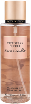 Victoria's Secret Bare Vanilla mgiełka zapachowa 250ml, szklana butelka z waniliowym płynem, złota nakrętka, widok z przodu.
