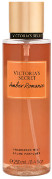 Victoria's Secret Amber Romance Fragrance Mist 250ml, pomarańczowa butelka z płynem, złotym korkiem, widok z przodu.