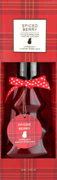 Spiced Berry perfume diffuser in a red plaid box with a polka-dot ribbon and tag, front view.