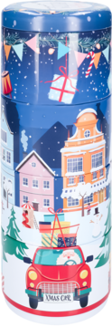 Cylindryczna świąteczna puszka, niebieska, z grafiką zimowego miasteczka, Mikołajem w aucie i prezentami.