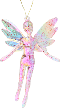 Błyszcząca ozdobna wróżka z przezroczystego akrylu, mieniąca się różowo-fioletowym brokatem, ze złotym sznurkiem.