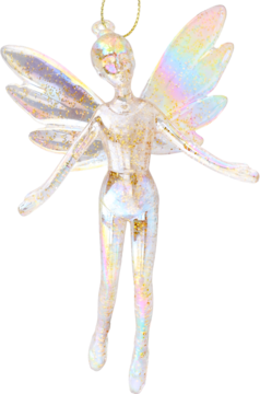 Przezroczysta, opalizująca wróżka z delikatnymi skrzydłami i złotym brokatem, gotowa do zawieszenia jako ozdoba.