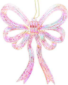 Różowa, brokatowa kokarda z iryzydującym połyskiem, zawieszona na złotej nitce, widok z przodu.