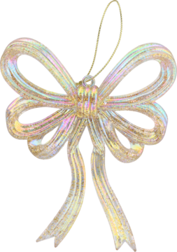 Mieniąca się, brokatowa kokardka ozdobna do zawieszenia, z irydyzującymi refleksami złota i pasteli.