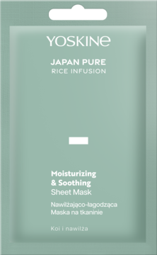 Yoskine Japan Pure Rice Infusion Moisturizing & Soothing Sheet Mask w zielonym opakowaniu z białym tekstem, widok z przodu.