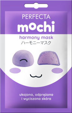 Perfecta Mochi Harmony Mask, fioletowa saszetka z kojącą maseczką do twarzy, widok z przodu, dwa mochi, uśmiechnięta buzia.