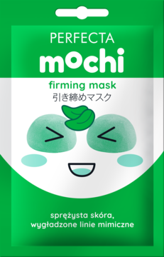 Perfecta Mochi firming mask, zielono-biała saszetka z rysunkiem twarzy z mochi i liścia, przód.