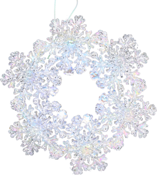 Błyszczący wieniec z przezroczystych, krystalicznych płatków śniegu, okrągła ozdoba zimowa z haczykiem.