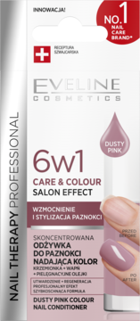 Eveline Cosmetics 6w1 Dusty Pink odżywka do paznokci w białym opakowaniu, widok przodem z efektem 'przed/po'.