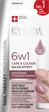 Eveline Cosmetics 6w1 Dusty Pink odżywka do paznokci w białym opakowaniu, widok przodem z efektem 'przed/po'.