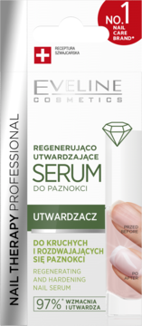 Eveline Cosmetics Regenerating & Hardening Nail Serum, białe opakowanie, #1 marka, widok z przodu z dłonią.