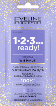 Eveline 1-2-3 Ready bankietowa maseczka super-nawilżająca. Brokatowa saszetka, Aloe Hydra, 3x hialuron.