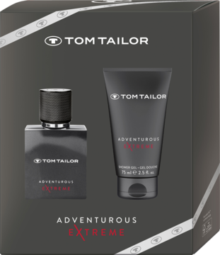 Zestaw Tom Tailor Adventurous Extreme: ciemnoszara butelka perfum i żel pod prysznic, eleganckie opakowanie, widok z przodu.