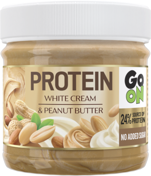 Krem proteinowy Go On Protein White Cream & Peanut Butter w słoiku, bez cukru, z orzeszkami. Widok z przodu.