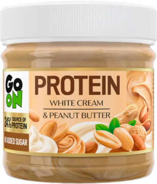 Go On Protein White Cream & Peanut Butter, krem z orzeszków, 24% białka, bez cukru, widok z przodu.