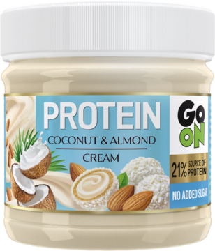 GO ON Protein ,krem białkowy, z płatkami kokosa i prażonymi migdałami,przód