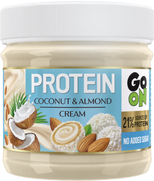 Biały słoik Go On Protein Coconut & Almond Cream, widok z przodu. Etykieta z kokosem, migdałami, 21% białka, bez cukru.
