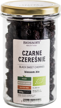 BIOSSOM ,owoce suszone, Czarne czereśnie, Bio,przód