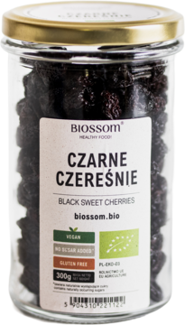 Biossom Czarne Czereśnie suszone, bez dodatku cukru, w szklanym słoju z białą etykietą, widok z przodu.