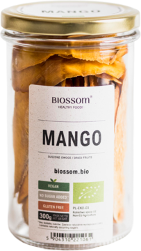 Biossom suszone mango Bio w szklanym słoiku ze złotą pokrywką, bez cukru, widok z przodu.