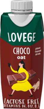 Sante Choco Oat Lovege, roślinny napój czekoladowy bez laktozy, karton z postacią i psem, przód.