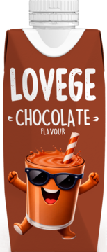 Lovege Choco Oat, napój owsiany bez laktozy. Brązowy karton, widok z przodu, wesoła grafika szklanki.