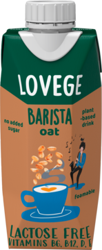 Lovege Barista Oat, roślinny napój owsiany, karton z zielonym logo, brązowym tłem i ilustracją kawy, bez cukru.